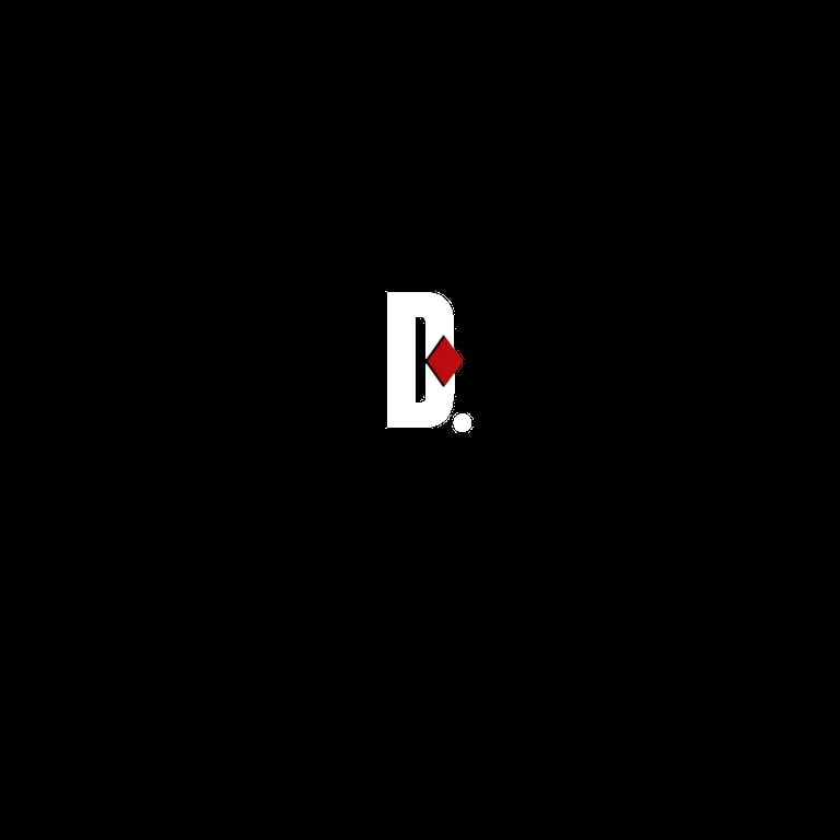 White D logo with red heart symbol and period on black background
